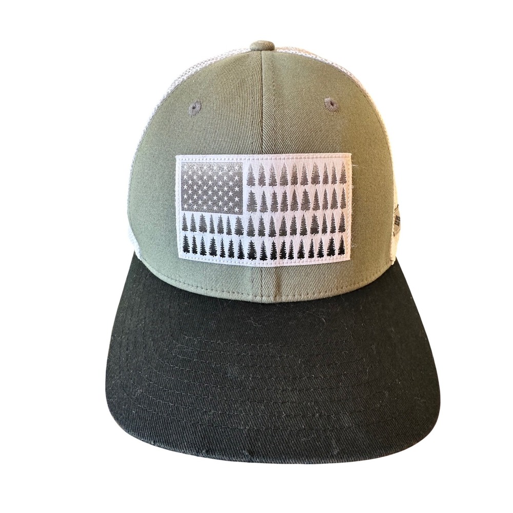 Columbia Hat Mens OS Green American Flag Pine Tree Mesh Back Flexfit Trucker Cap